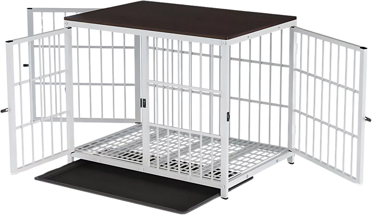Zware Hondenkennel - Voor Huisdieren - Metalen Hondenkrat met Houten Meubelstijl - Hondenbench - Wit - 107cm