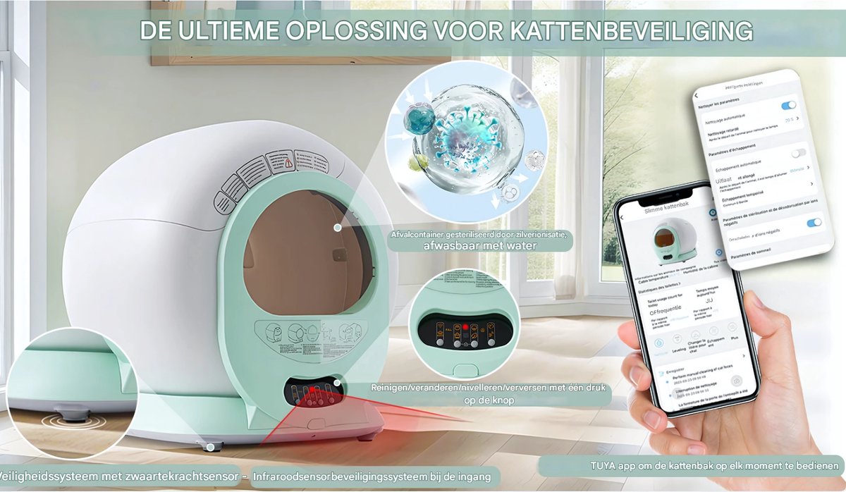 Zelfreinigend Kattenbak - Kattentoilet - Voor Meerdere Katten - Automatisch & Geschikt Voor Diverse Katten - 65L Capaciteit