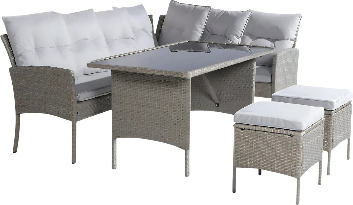 Tuinmeubelset - Loungeset - Tuinlounge - Lounge Set voor 7 Personen - Inclusief Sofa, Tafel, Kruk en Wasbare Kussens