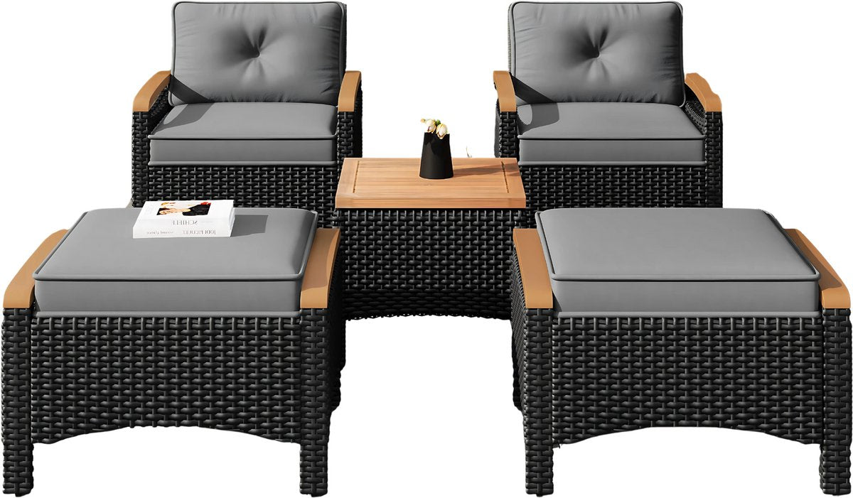 5-delig Tuinmeubelset - Loungeset - Tuinlounge -Voor Balkon of Terras - Acacia Hout & Rotan Metalen Frame - Waterdichte Grijze Kussens