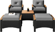 5-delig Tuinmeubelset - Loungeset - Tuinlounge -Voor Balkon of Terras - Acacia Hout & Rotan Metalen Frame - Waterdichte Grijze Kussens