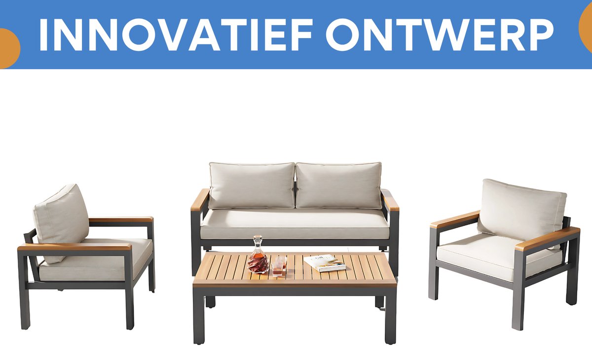 Tuinmeubelset - Loungeset - Tuinlounge Lounge Set - Stevig Gegalvaniseerd Stalen Frame - Acaciahout Tafel en Armleuningen - Beige Kleur