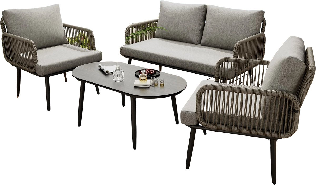 Tuinmeubelset - Loungeset - Tuinlounge Lounge Set - Lounge Set - Voor Tuin, Terras of Balkon - 2-Zits Sofa, 2 Fauteuils & Salontafel - Handgeweven Touw & Houtnerflook - Met Glasplaat & Gegalvaniseerd Staal