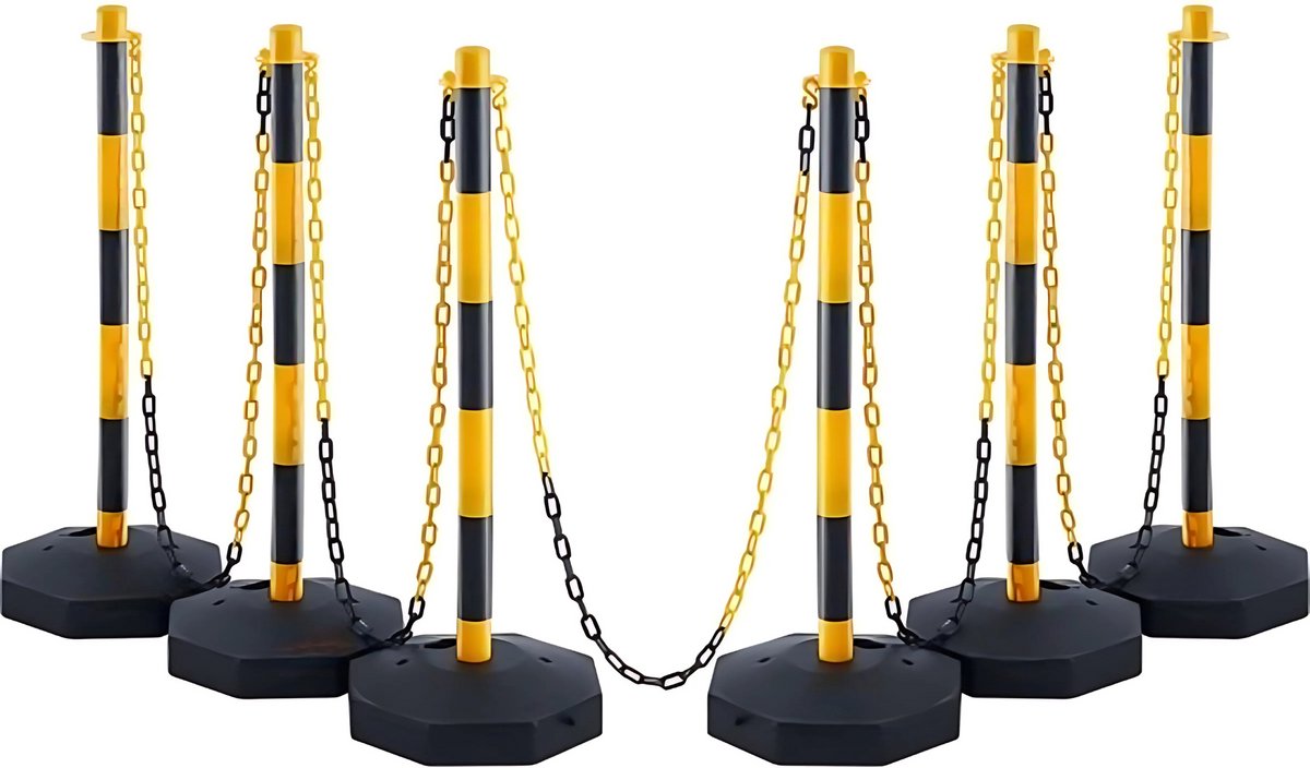 Afzetpalen - Set van 6 - Slagboompalen - Afzetlint - Afzetkoord - Afzetketting - 285x285mm - Verkeerskegels met Ketting
