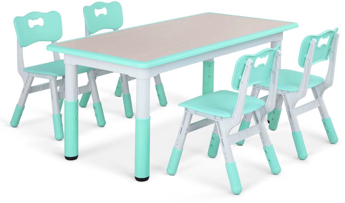 Kindertafel en 4 Stoelenset - Voor Peuters en Jonge Kinderen - Verstelbare Tafelset voor Spelen, Studeren & Tekenen - Duurzaam Kunststof in Neutrale Kleuren - Groen - 120x60cm