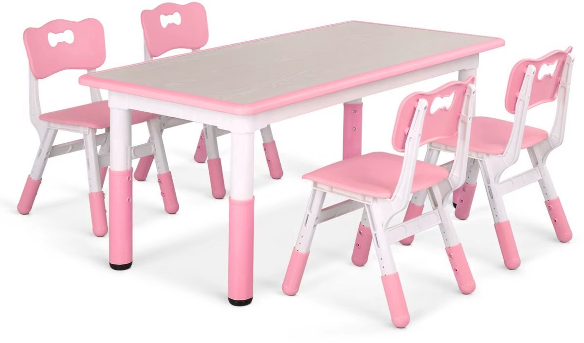 Kindertafel Tavien en 4-stoelenset - In hoogte verstelbare tafelset voor peuters met meerdere activiteit - Studie, schrijven en spelen voor kinderen - Roze - 120x60cm