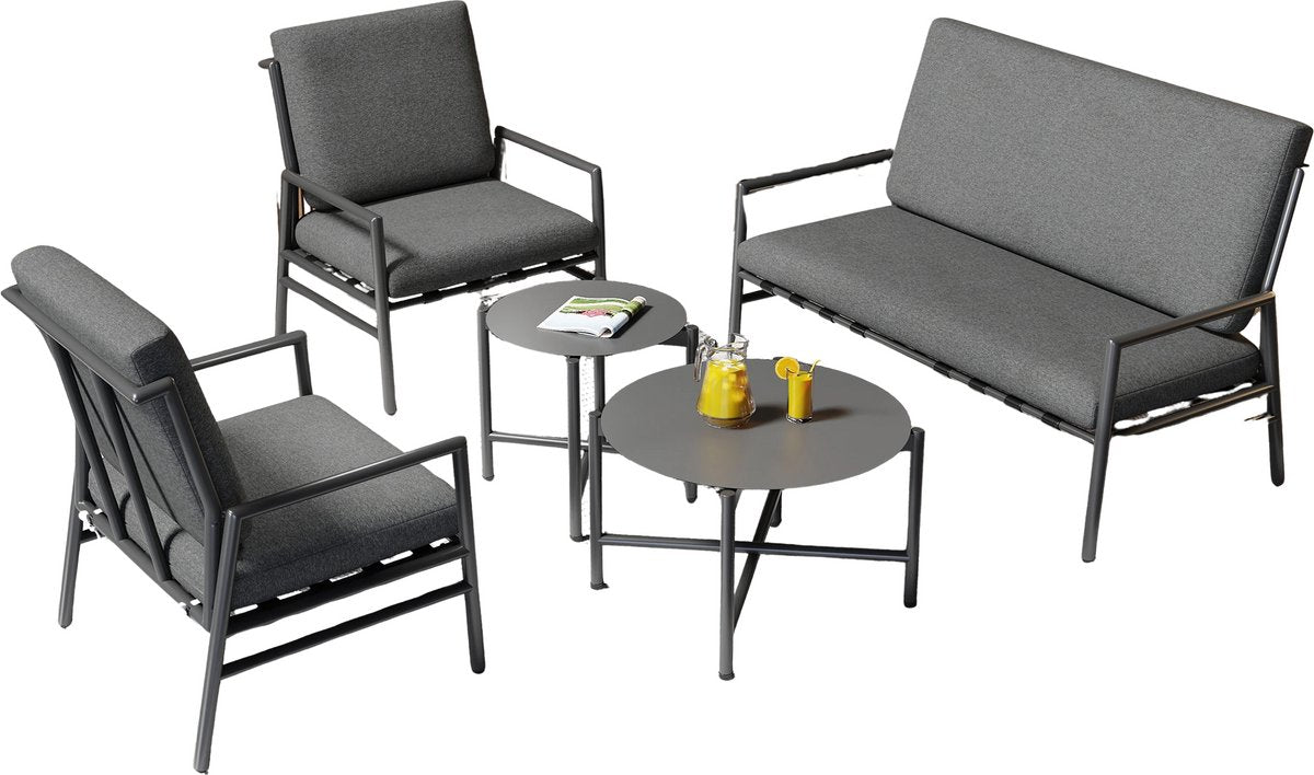 4-zits buiten Bankstel - Tuinmeubelset - Tuinbank - Voor Tuin of Terras - Met 2 Koffietafels & Verwijderbare Kussens - Gegalvaniseerd Staal - Grijs