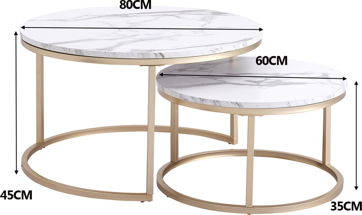 Happyment Luxe Salontafel - Wit en goud - Marmour look - Set van 2 - Landelijk - Woonkamer - Rond - 80 en 60cm
