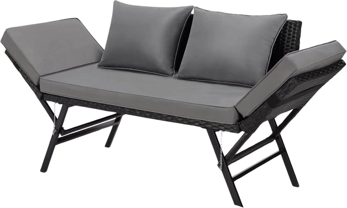 Tuinbank polyrotan - Weerbestendig - Met kussens - Zwart - Voor tuin, terras en balkon - Verstelbare armleuning