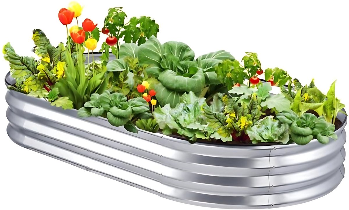 Verhoogde plantenbak - Voor buiten - RVS bloembak zilver - Rechtighoekig ovaal - 180cm - Moestuin - Inclusief Accessoires