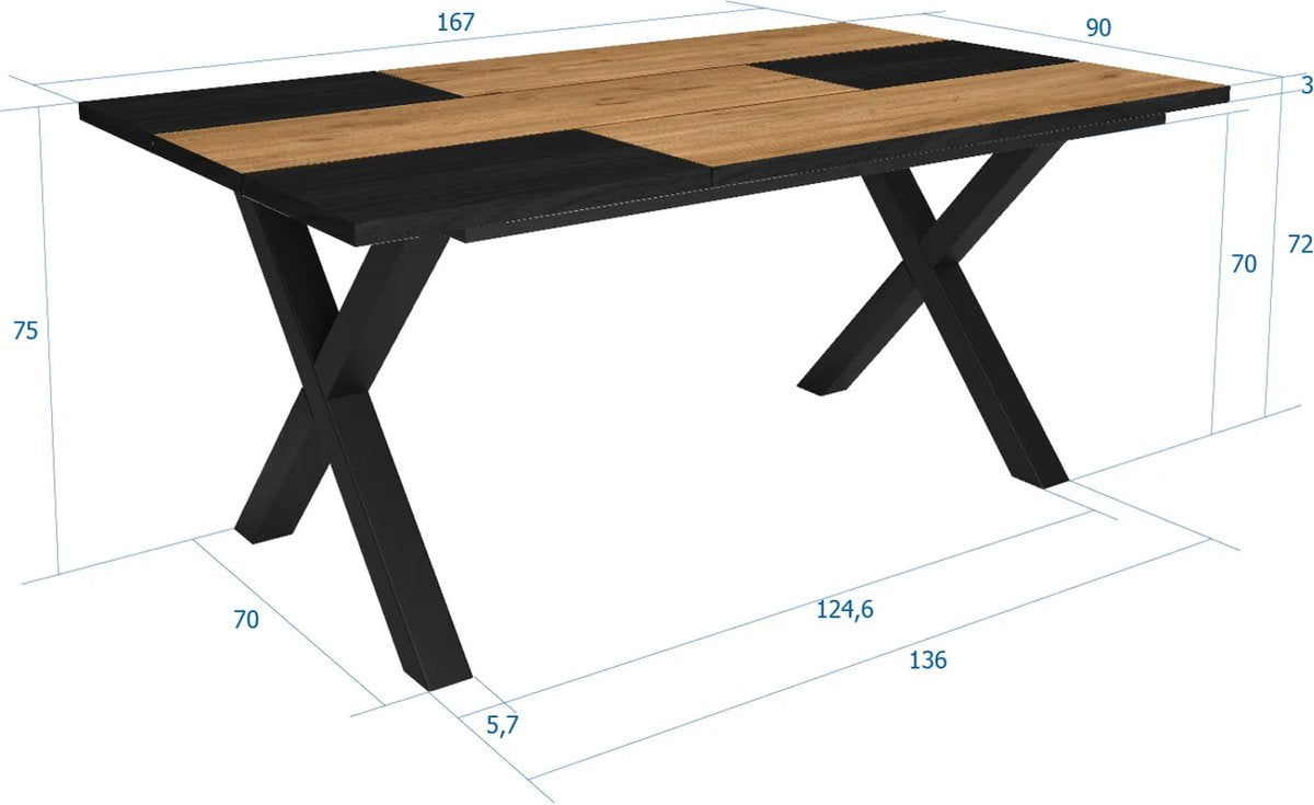 Happyment Eettafel Divo - Rechthoek - 4 tot 6 personen - Massief hout - Premium look - Eetkamertafel - X poten - Zwart/bruin - 170x90x75cm