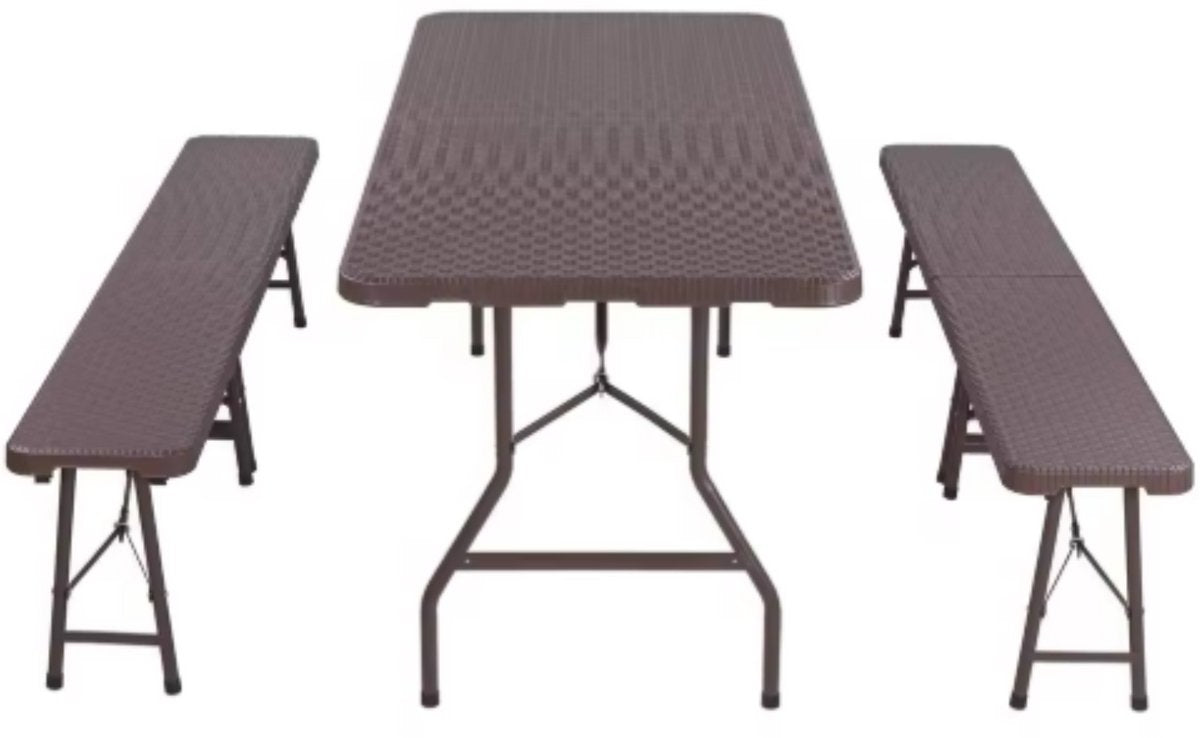 Klaptafel - Kampeertafel - Vouwtafel - 2 Banken set - Opvouwbare Tuinmeubelset voor Buiten, Kamperen & Picknick - Picknicktafel met Bankjes - 180 cm - Bruin