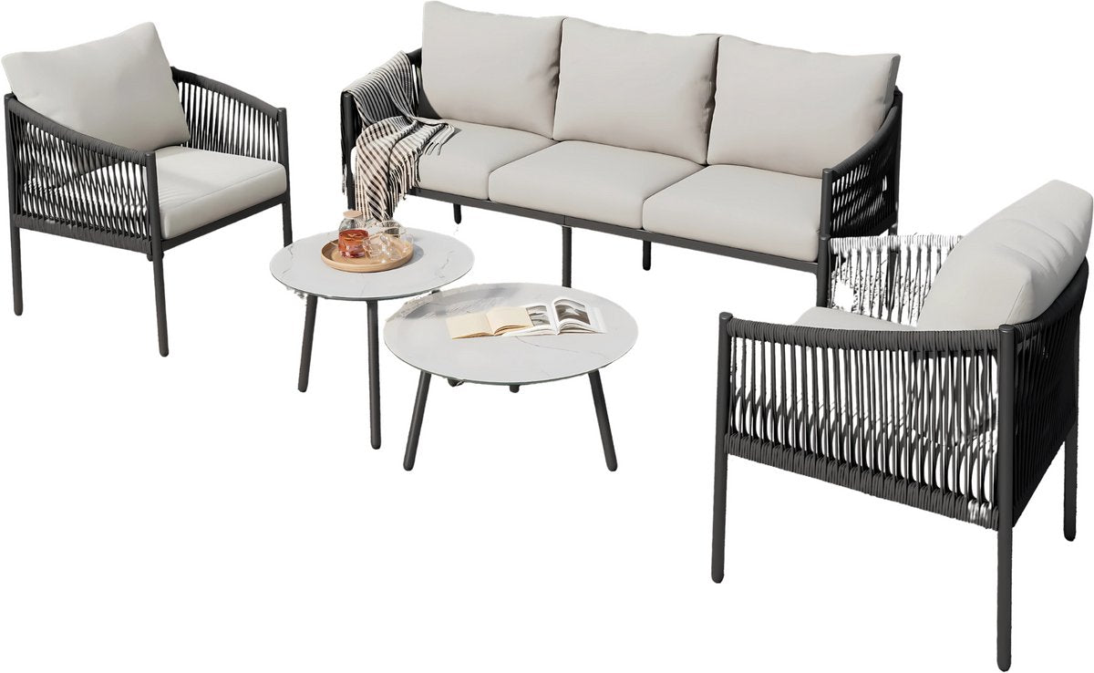 Tuinmeubelset - Loungeset - Tuinlounge Lounge Set - 3-zits Sofa met Fauteuils & Banktafels - Handgevlochten Touw & Marmeren Glasplaat - Grijs Stalen Frame