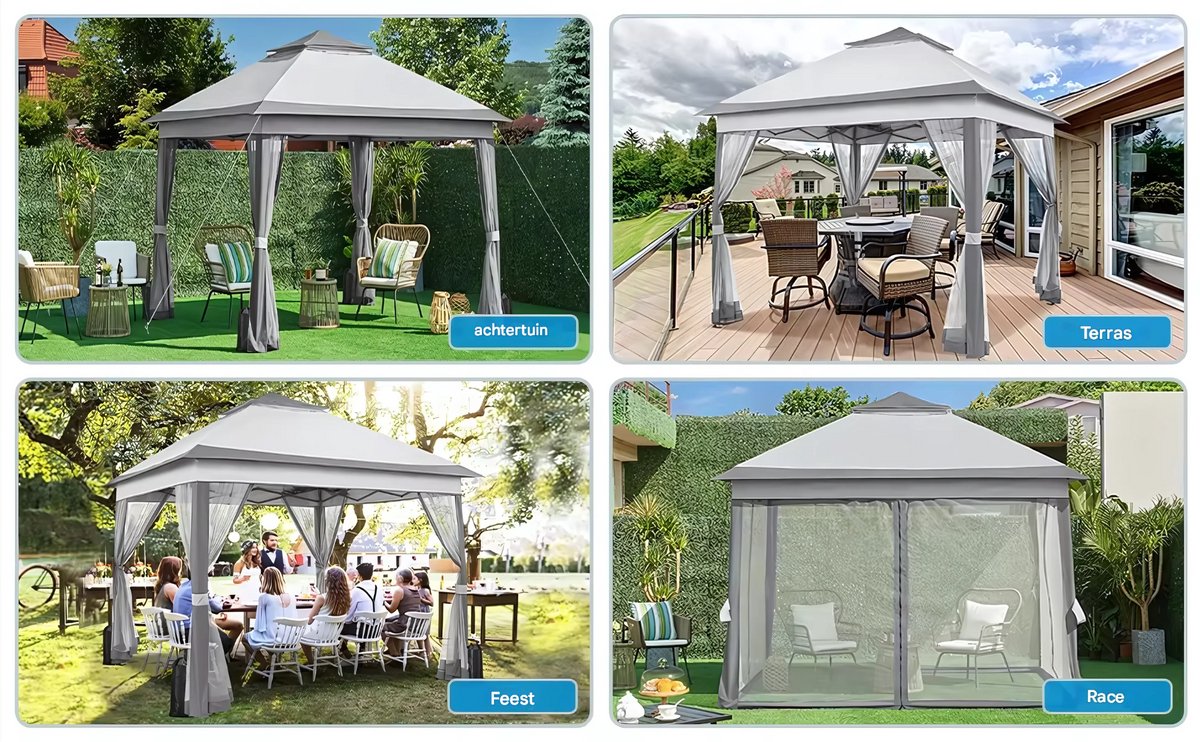Tuinhuisje - Voor Buiten en Patio - Met 4 Afneembare Klamboes, UV- en Regendicht - Opvouwbaar met Dubbele Dakrand - 3,3 x 3,3 m - Lichtgrijs