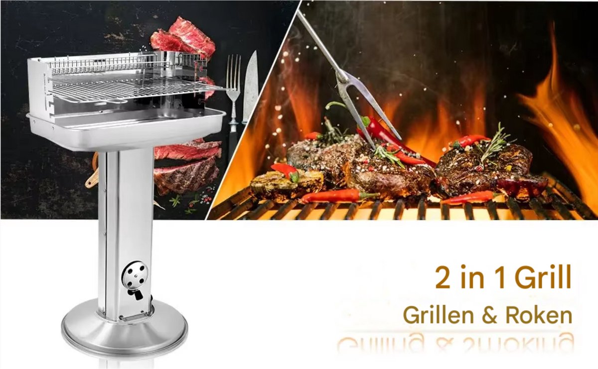 Grill Houtskool BBQ - Voor Tuin, Camping & Outdoor - Draagbare Trechtergrill met Plank - Roestvrijstaal - 87x89x89 cm