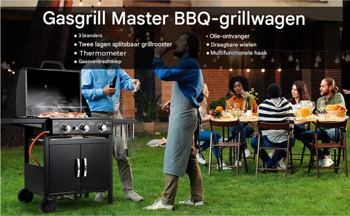Propaangas BBQ-Grill met 3 Branders - Gas barbecue - Gietijzeren Roosters, Impulsontsteking & Thermometer