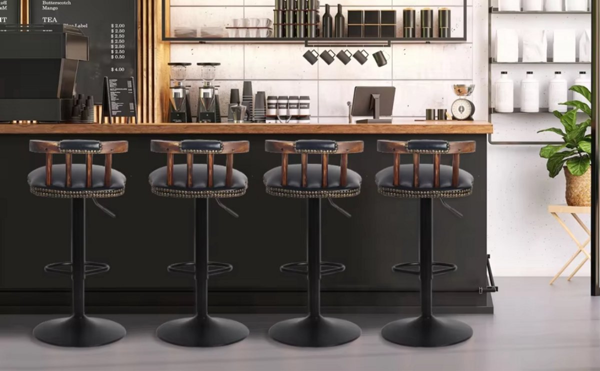 Retro Barkrukken - Set van 2 - Met rugleuning - Licht bruin - Verstelbaar - Voor Keuken, Bar of woonkamer - Draaibaar - PU leer