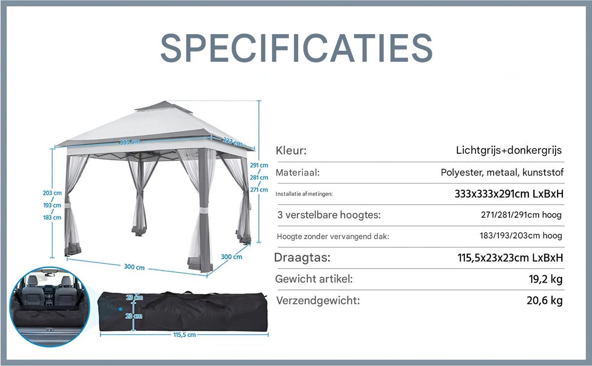 Tuinhuisje - Voor Buiten en Patio - Met 4 Afneembare Klamboes, UV- en Regendicht - Opvouwbaar met Dubbele Dakrand - 3,3 x 3,3 m - Lichtgrijs