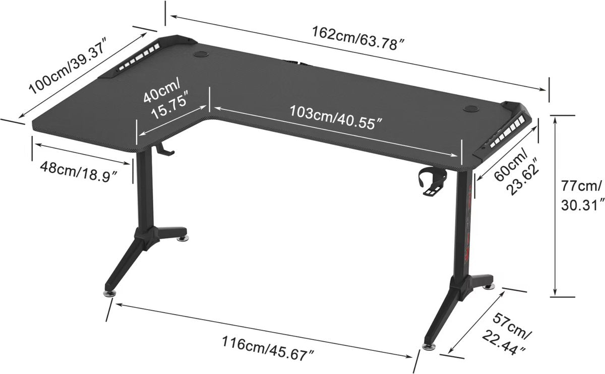 Gaming bureau Brutal - Met LED verlichting - Rechter Hoekbureau - 162cm desk - Metalen poten - Bekerhouder