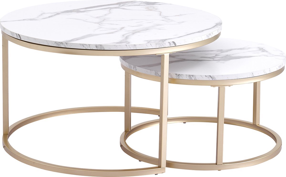 Bolt Edge Salontafel - Wit/Goud - Marmour look - Rond - Set van 2 - 80 en 60cm