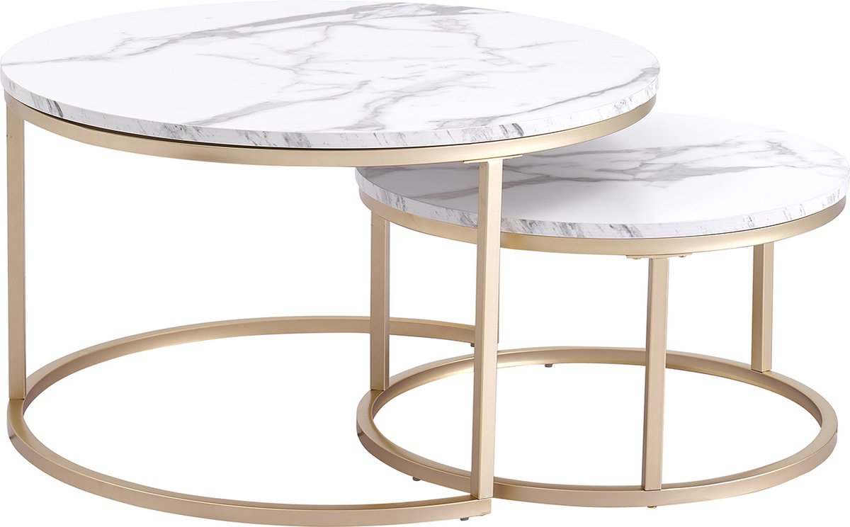 Happyment Luxe Salontafel - Wit en goud - Marmour look - Set van 2 - Landelijk - Woonkamer - Rond - 80 en 60cm