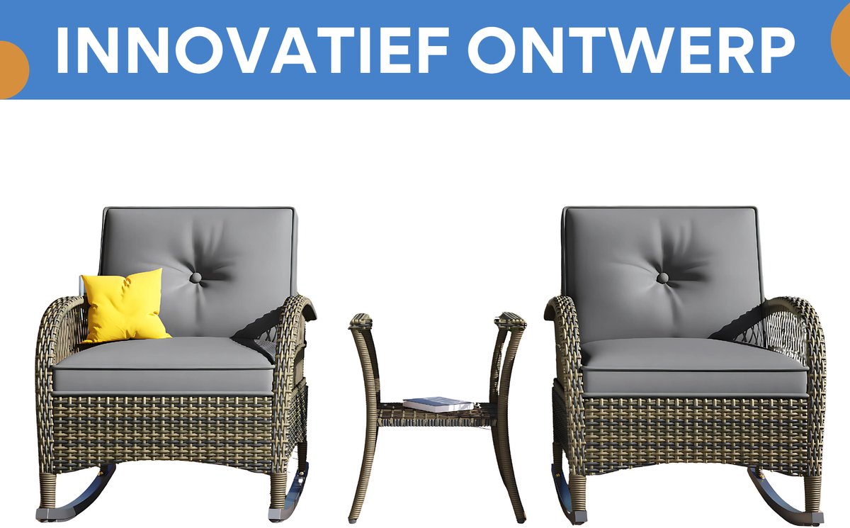 3-delig Tuinmeubelset - Loungeset - Tuinlounge Lounge Set - Lounge Set - Balkonset - Voor Balkon, Tuin of Terras - Rotan & Metalen Frame met Acaciaplaat - Waterdichte Bekleding & Grijze Kussens - 160 kg Draagvermogen