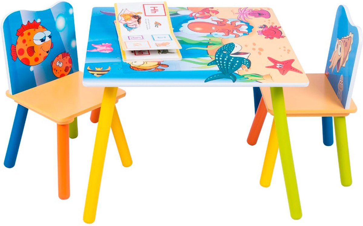 Happyment Kindertafel en 2 Stoeltjes - Kindermeubel - Speeltafel - kinderbureau - Vissen