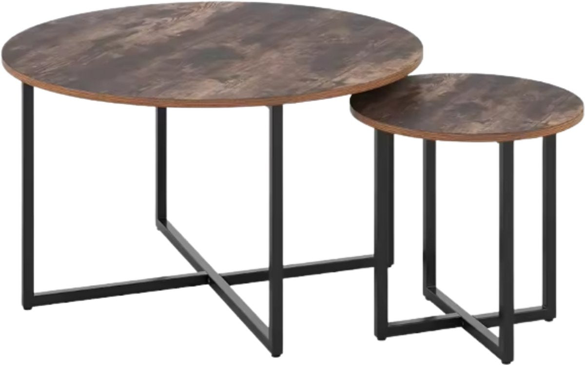 Salontafel - Bijzettafels - 2 stuks - Voor Woonkamer - Vintage Bijzettafel van Hout met Metalen Poten - Middentafel 80cm x 42cm - Bruin