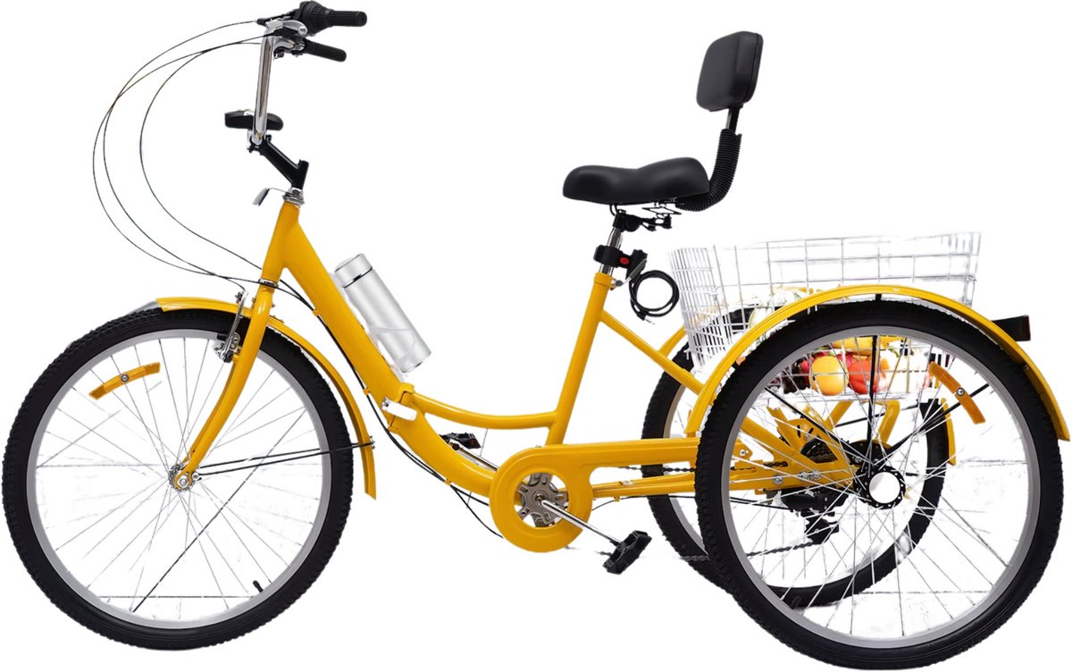 Driewieler Zita - 7 versnellingen - Fiets voor volwassenen en senioren - 24 Inch - Opvouwbare - Verstelbaar - Met mand - Voorrem - Geel