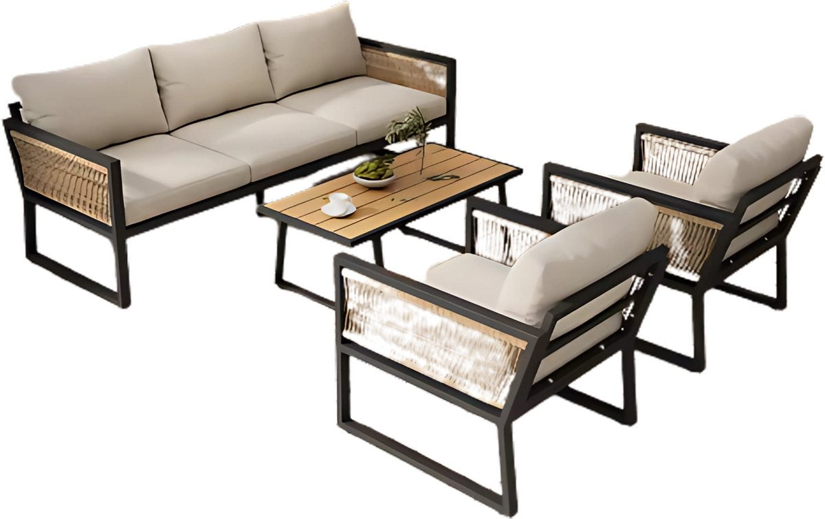 4-delig Tuinmeubelset - Loungeset - Tuinlounge Lounge Set - Voor Tuin of Terras - 3 Sofa’s, 2 Fauteuils & Salontafel - Kunststof Hout, Touw & Gegalvaniseerd Staal