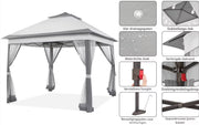 Tuinhuisje - Voor Buiten en Patio - Met 4 Afneembare Klamboes, UV- en Regendicht - Opvouwbaar met Dubbele Dakrand - 3,3 x 3,3 m - Lichtgrijs