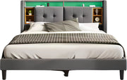 Bed - Tweepersoonsbedden - Tweepersoonsbed - Voor Slaapkamer - Met Opbergruimte, Hoofdeinde met USB-oplaadpunt & LED-verlichting - Bedrek & Houten Lattenbodem - Donkergrijs - 160x200 cm