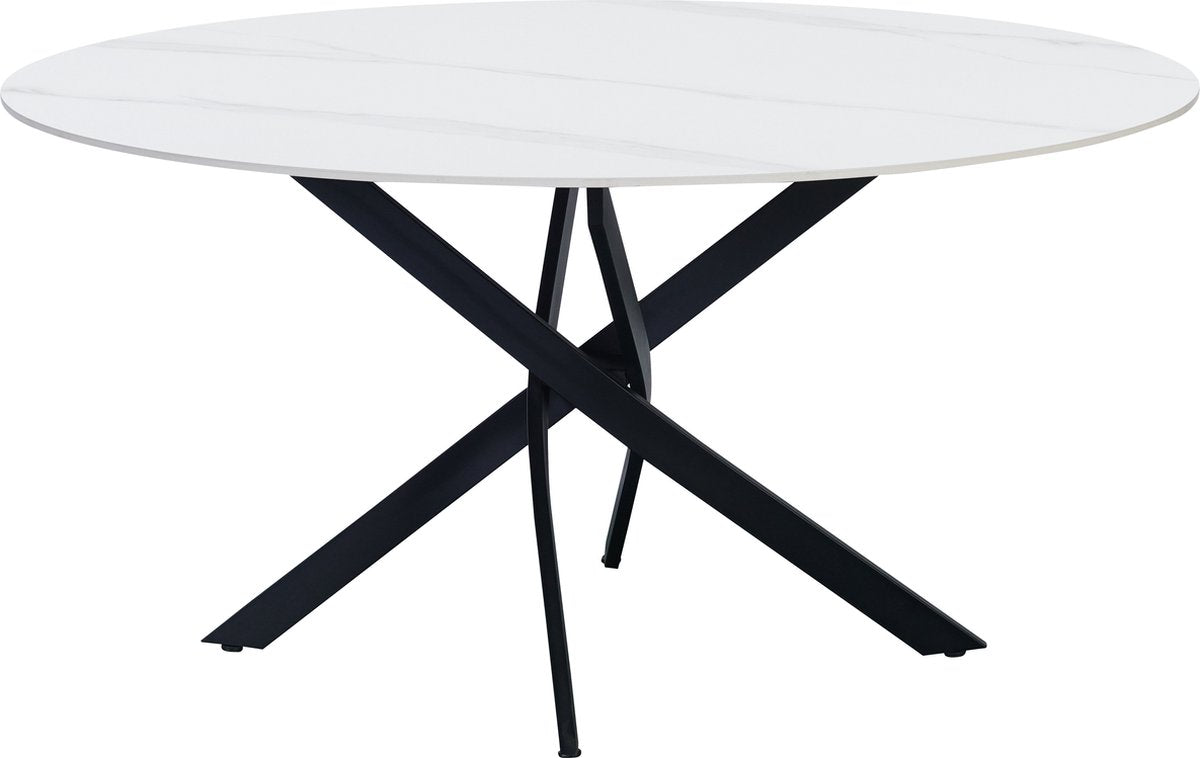 Happyment Eetkamertafel Manilo - Rond - Marmerlook wit - Tuintafel - 4 personen - Eettafel - 150x150x76cm - Ook voor buiten