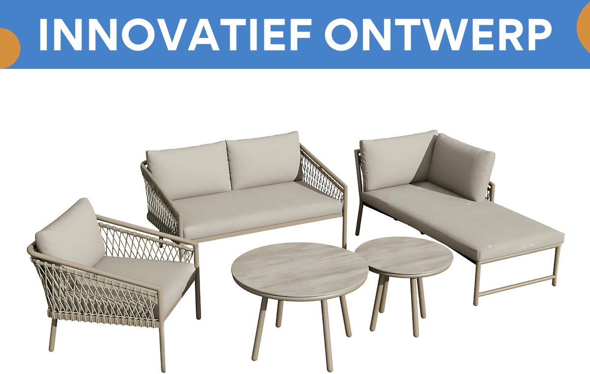 Tuinmeubelset - Loungeset - Tuinlounge Lounge Set - Lounge Set - Voor Tuin, Terras of Balkon - 2-Zits Sofa, 2 Fauteuils & Salontafel - Handgeweven Touw, Houtlook & Glasplaat - Gegalvaniseerd Staal