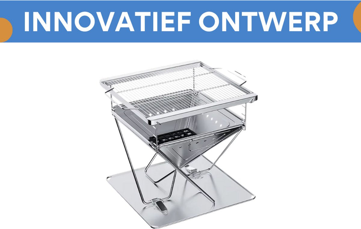 Opvouwbare Grill - Voor Kamperen & Buiten koken - Camping - Vuurplaatsgrill - Houtgestookt & Draagbaar Met Draagtas - RVS