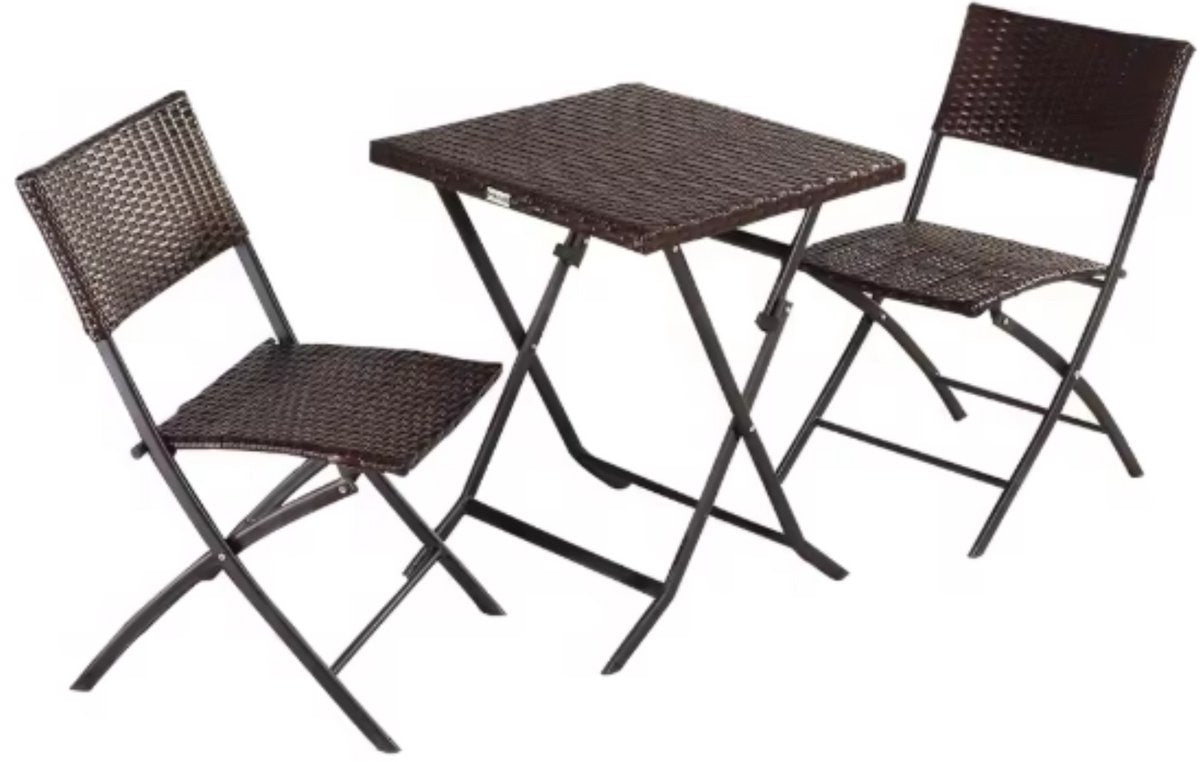 Outdoor Klaptafel Set - 3-delig - Voor Camping en Picknick - Opvouwbare Rotan Meubelstoel en Tafel - Draagbare Balkonset met 2 Stoelen - Bruin