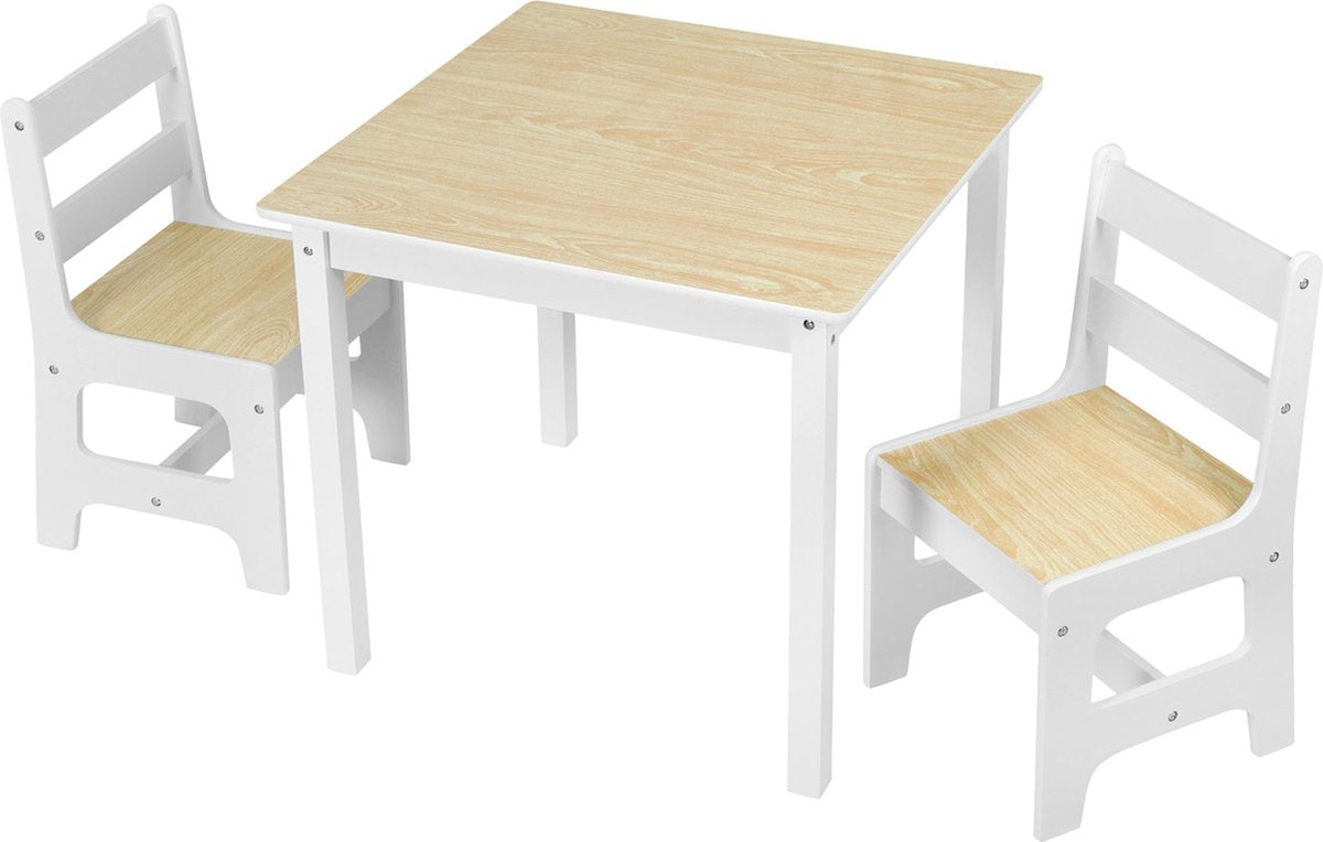 Happyment Kindertafel en 2 Stoeltjes - Kindermeubel - Speeltafel - kinderbureau - Wit - Eiken