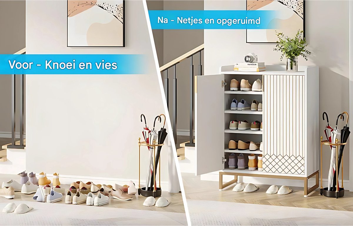 Schoenenkast met deuren - 5 lades - Wit - Voor 20 paar - Schoenenrek - Woonkamer en slaapkamer - 105 cm hoog × 75 cm breed × 35 cm diep