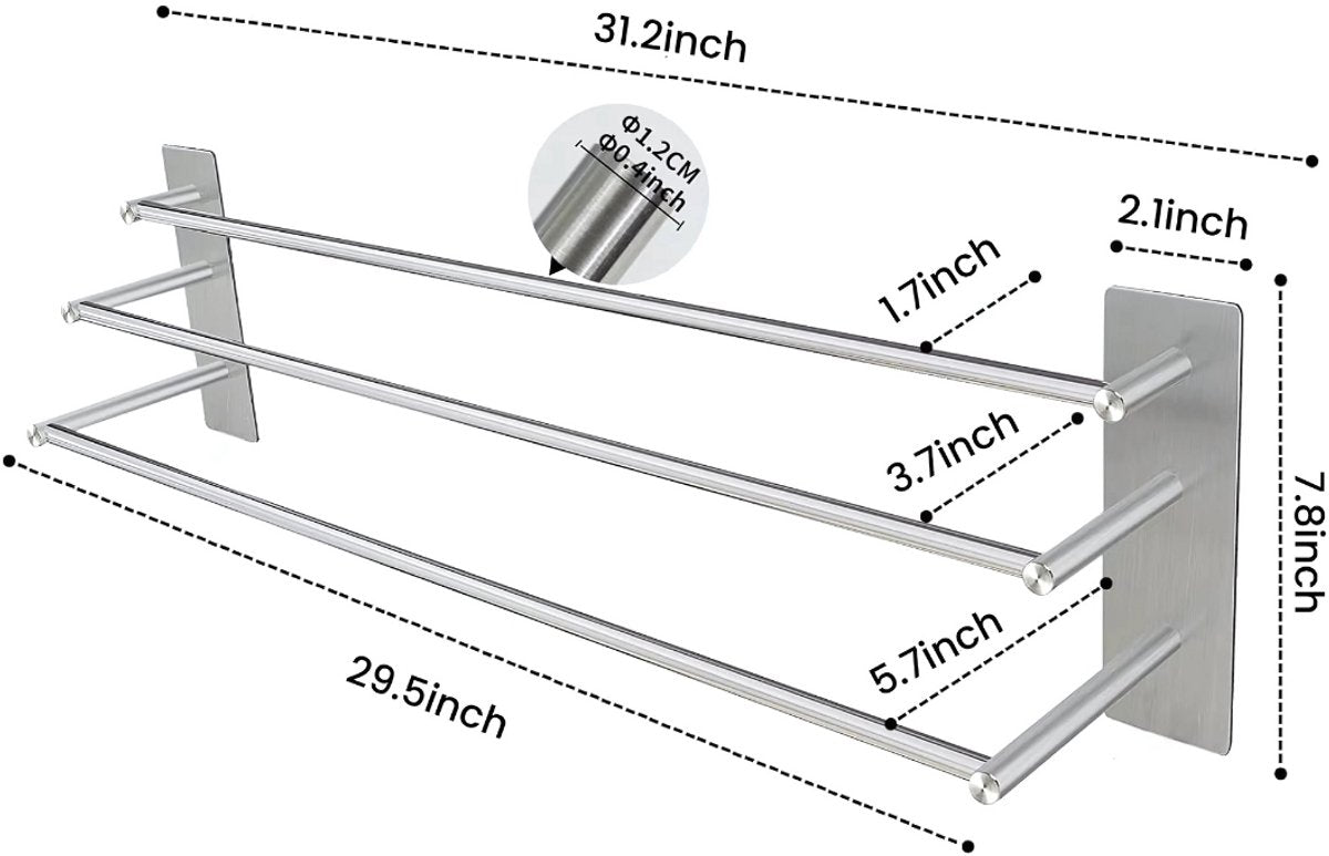 Handdoekenrek PRO - Voor badkamer - RVS -80cm - Voor Badkamer en Keuken - Handdoekrek - 3 laags - Wandmontage