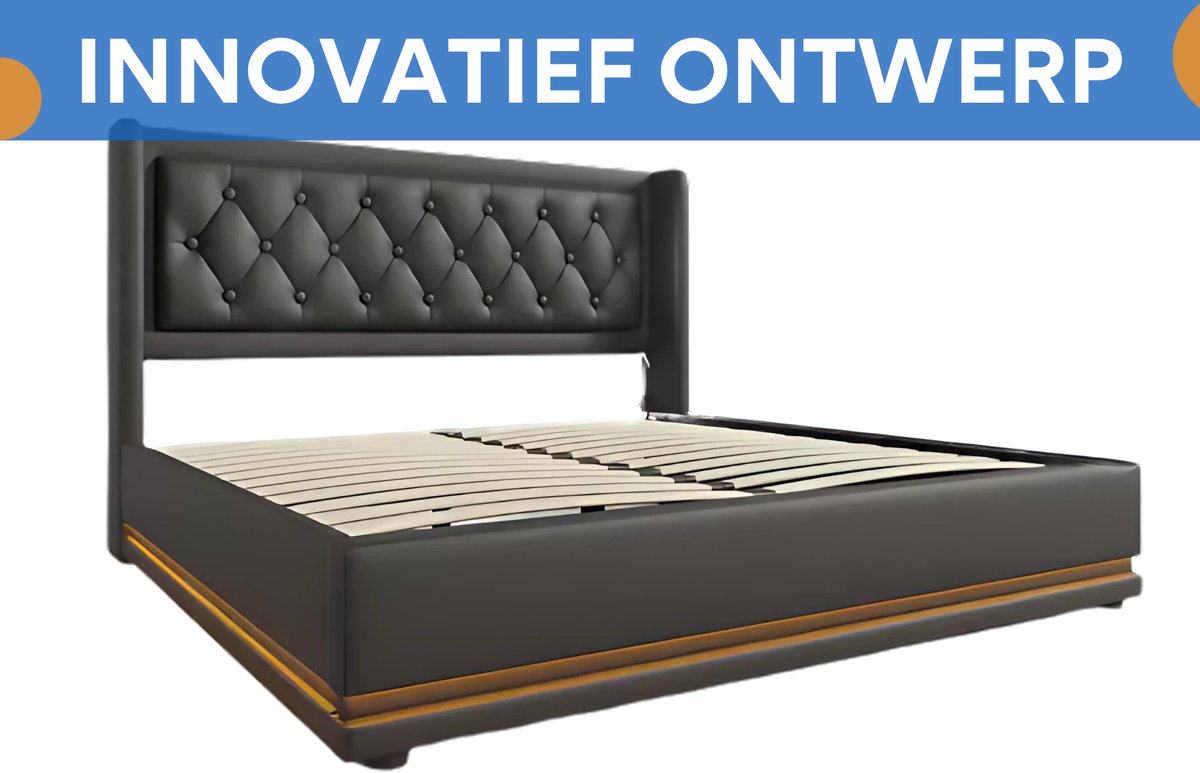 Bed - Tweepersoonsbedden - Tweepersoonsbed - Voor Slaapkamer - Tweepersoonsbed met USB-C, 3-zijdig Hoofdeinde & LED-verlichting - Hydraulisch met Opbergruimte - Zwart PU Leer - 160x200