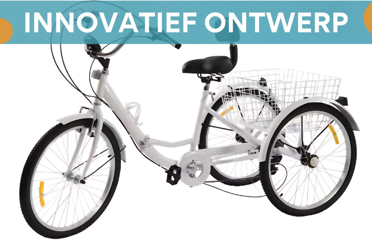 Driewieler 24 Inch - 7 versnellingen - Fiets voor volwassenen en senioren - Opvouwbare Trike - Met mand en LED Verlichting - Wit