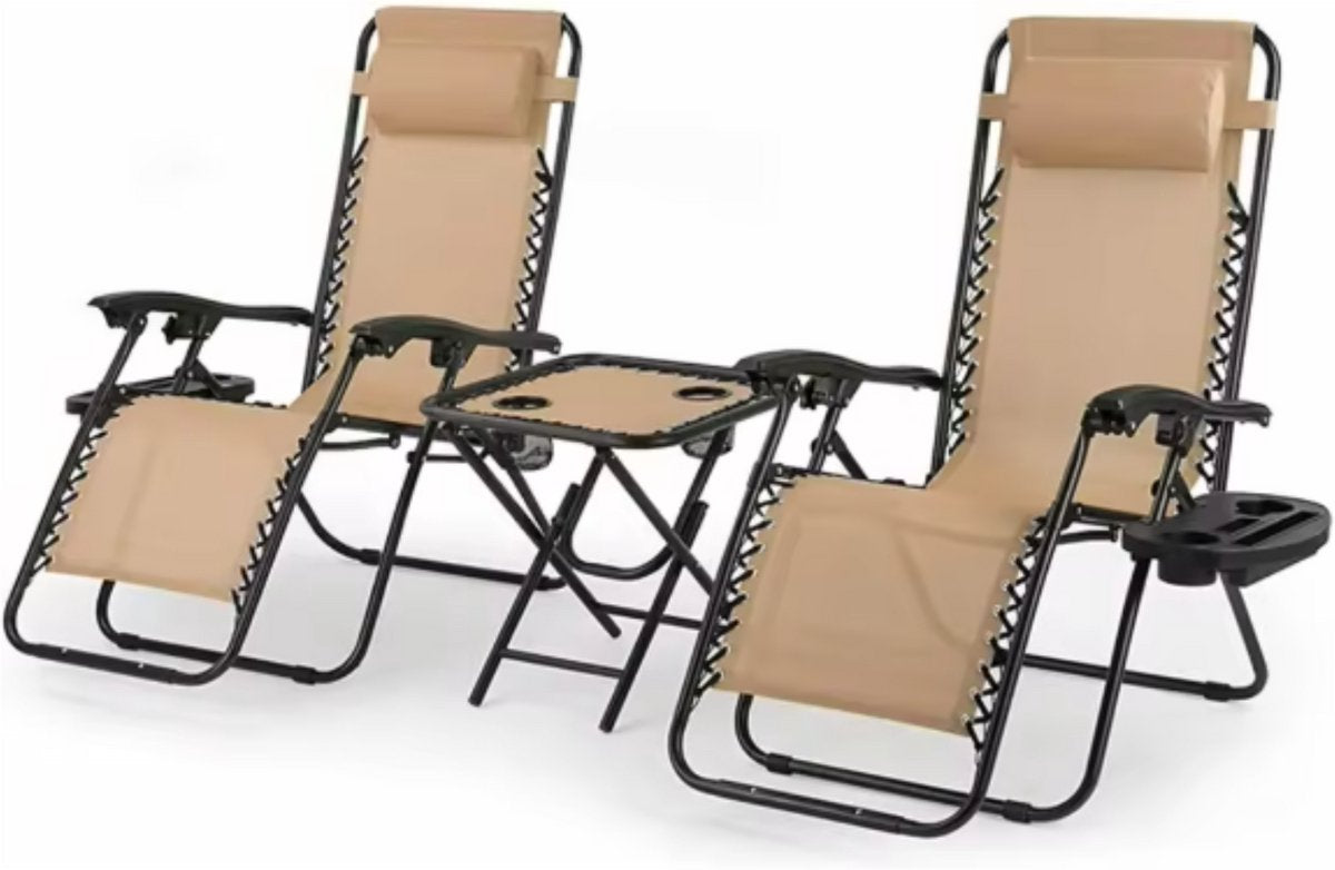 Opvouwbare Ligstoel voor de Tuin - Tuinstoel - Ligbed - Met tafeltje - 2 stuks- Beige