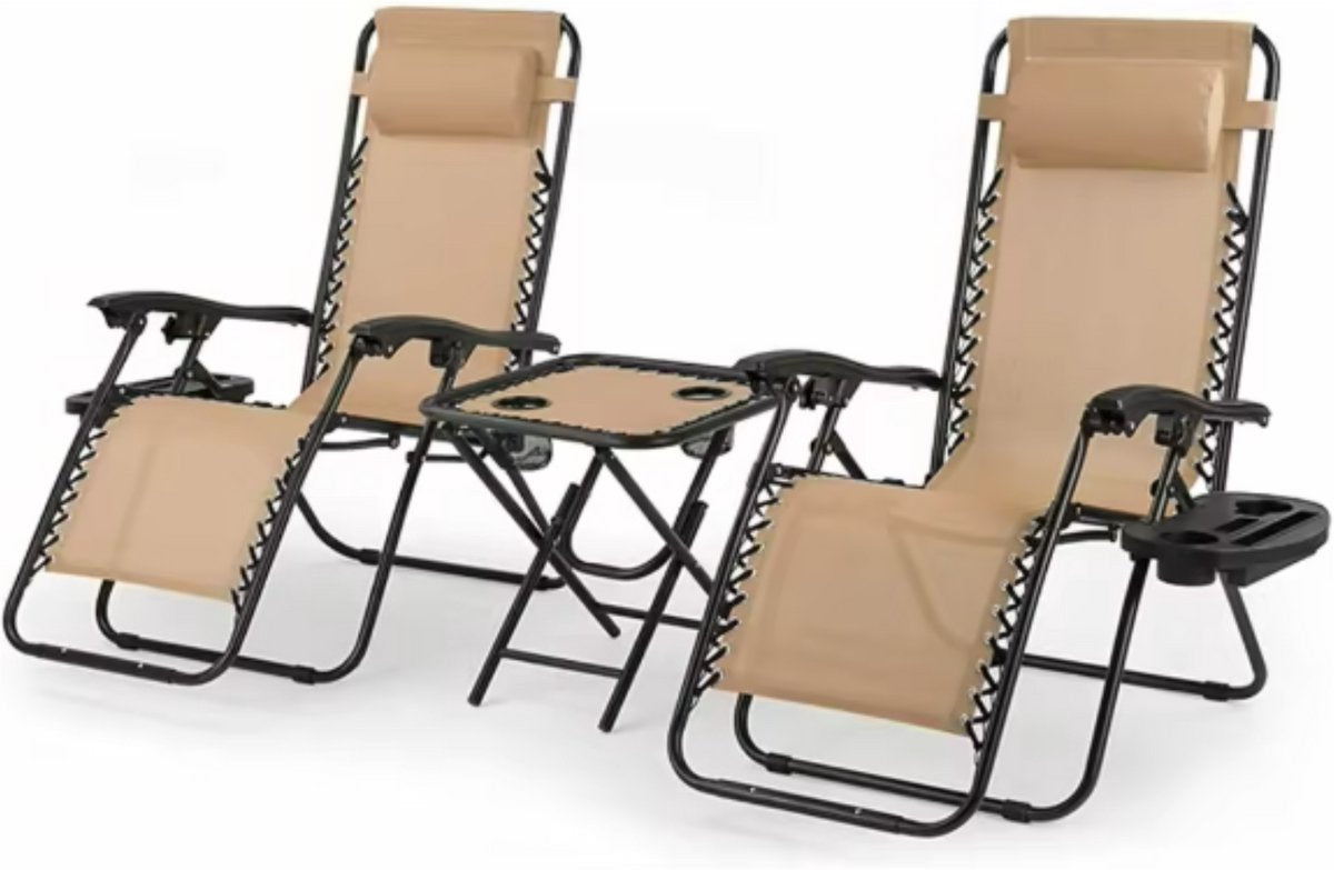 Ligstoelen Milano - Beige - Tuinstoelen - Verstelbare tuinstoel en ligstoel - Met tafel - 2 personen - 90°-160° - Tuin - Metaal
