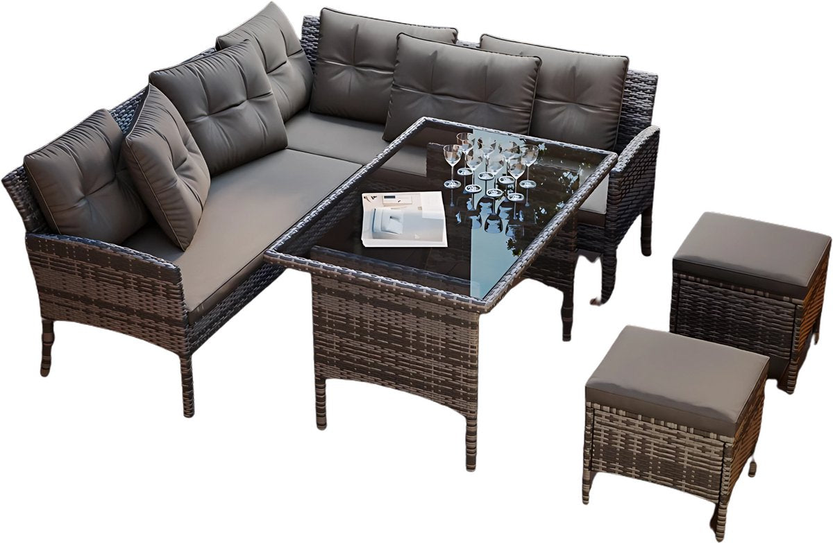 Tuinmeubelset - Loungeset - Tuinlounge Lounge Set - Lounge Set voor 7 Personen - Inclusief Sofa, Tafel, Kruk en Wasbare Kussens