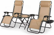 Opvouwbare stoel verstelbare stalen gaas - Zero Gravity lounge stoel - Fauteuils met kussens en bekerhouder - Beige - 2 Stuks