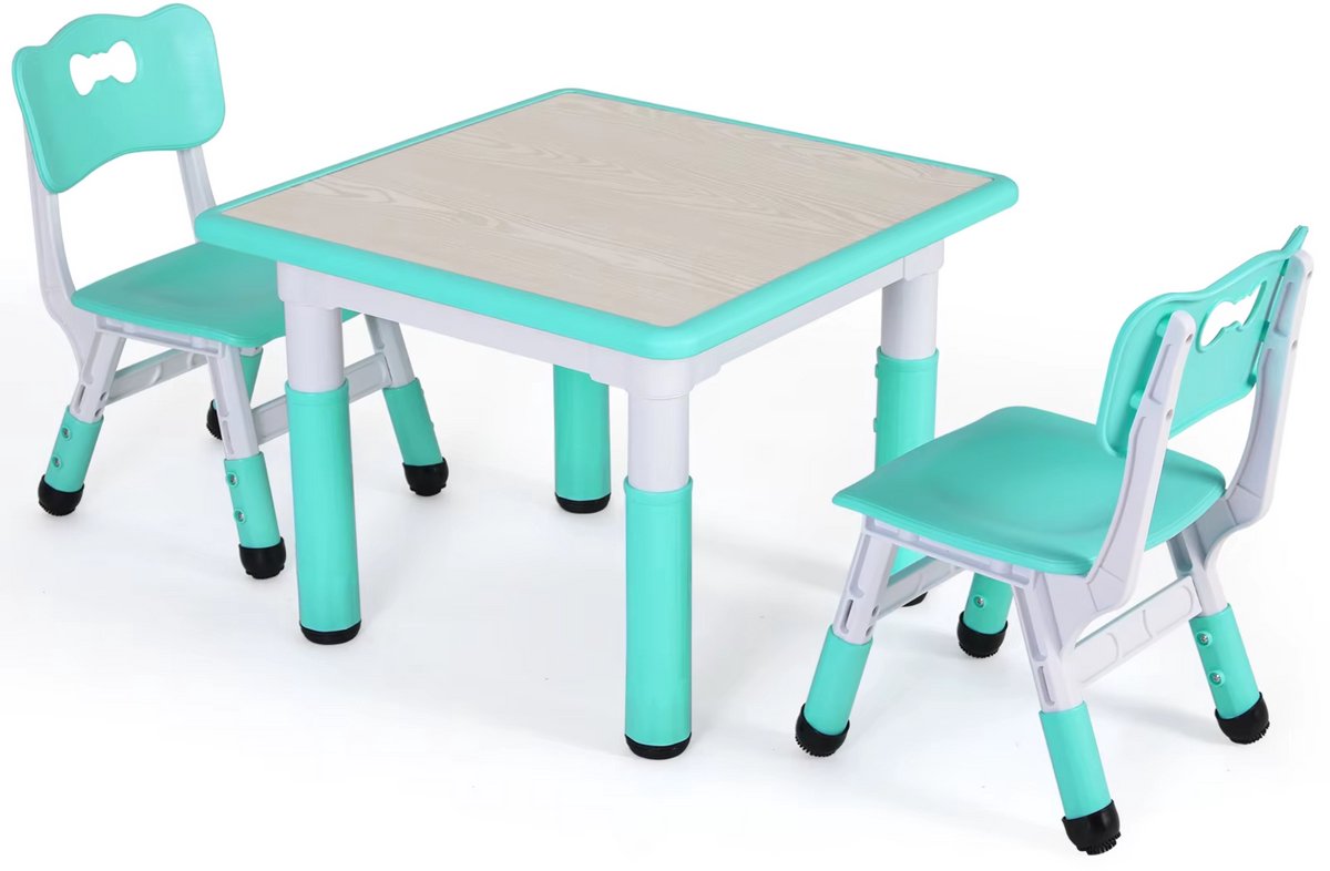 Kindertafel met stoeltjes - 2 stoelen - Activiteiten tafel - Speeltafel Kinderbureau - 3-8 jaar - In Hoogte Verstelbaar - Studeertafel voor Kinderen - Turquoise