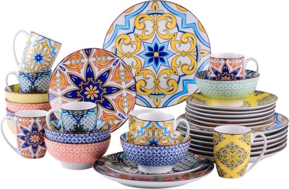 Kleurrijke Geometrische Patroon Keramische Serviesset - Gigi Stijl - 32-delig - Voor 8 Personen - Uniek Design