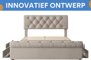 Bed - Tweepersoonsbedden - Tweepersoonsbed - Twijfelaar - Voor Slaapkamer - Functioneel Tweepersoonsbed met Chesterfield Hoofdeinde & 4 Laden - Inclusief Matras - 140x200cm