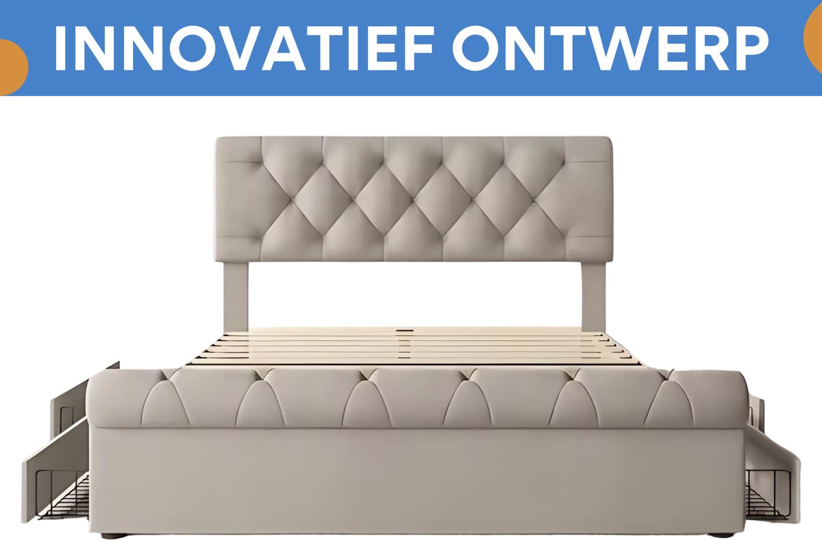 Bed - Tweepersoonsbedden - Tweepersoonsbed - Twijfelaar - Voor Slaapkamer - Functioneel Tweepersoonsbed met Chesterfield Hoofdeinde & 4 Laden - Inclusief Matras - 140x200cm