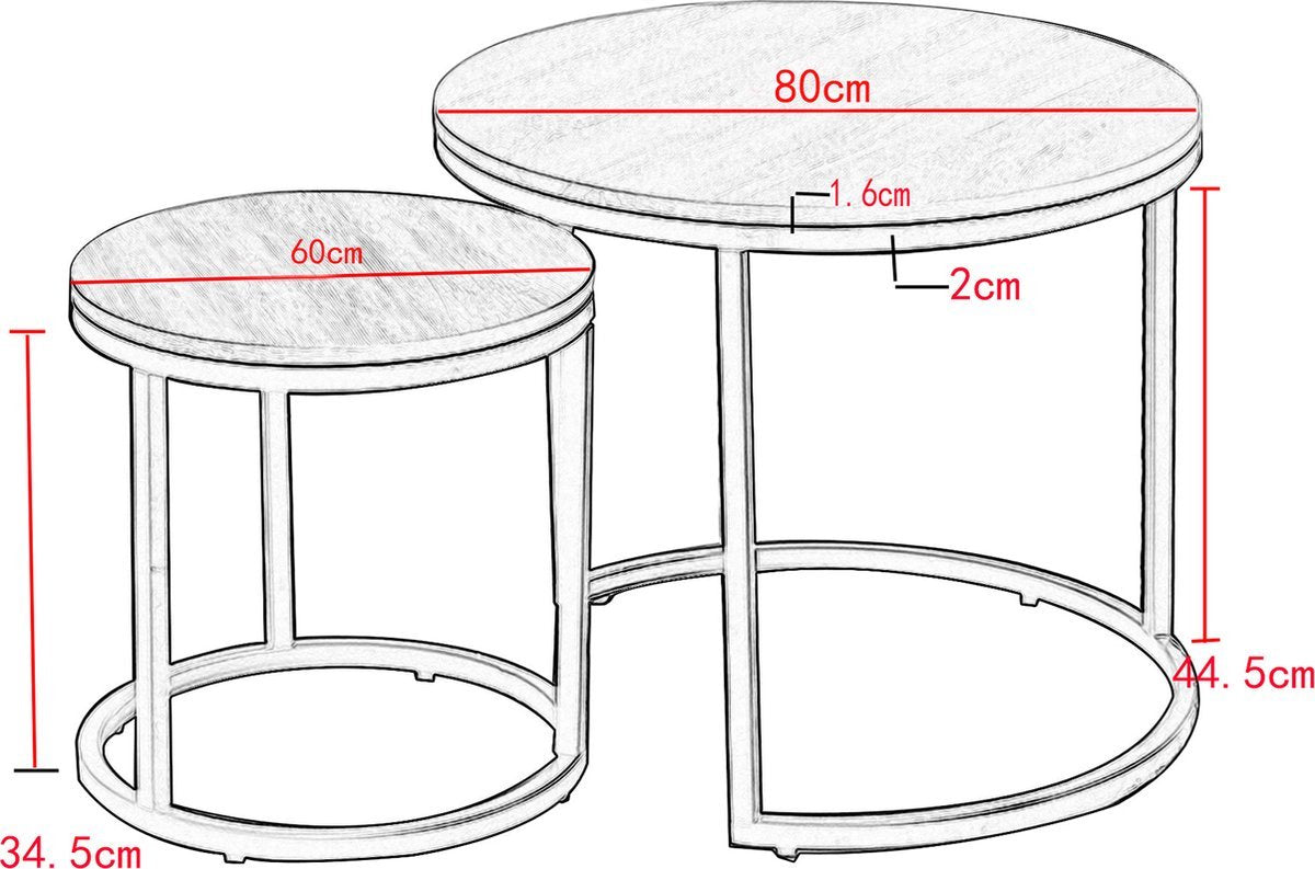 Salontafel - Marmour Look - Zwart Frame - Set van 2 - Rond - Luxe Ontwerp